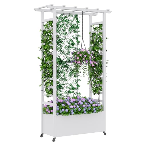 Raised Garden Bed with Trellis & Hanging Roof, Weatherproof Metal Planter Box with Wheels, Garden Arch Trellis for Outdoor Climbing Plants Vines Flowers, 74" H x 44" L x 17" W, White - color: White, size: 74" x 44" x 17"