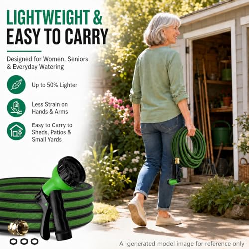 100FT Non-Expandable Flat Garden Hose with 10 Function Nozzle,No-Kink,Green - color: Green, size: 100FT