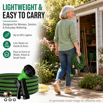 100FT Non-Expandable Flat Garden Hose with 10 Function Nozzle,No-Kink,Green - color: Green, size: 100FT