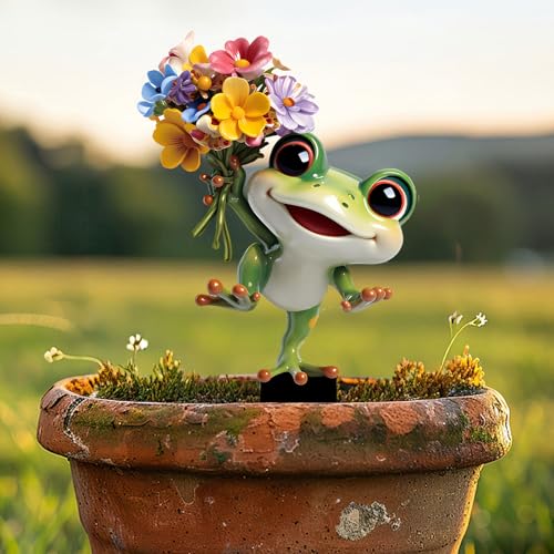Frog with Colorful Flower Acrylic Garden Stake, Indoor and Outdoor Garden Acrylic Decoration, Idea Gift for Flower Potted Ornament and Landscape Beautification, Suitable for Courtyards and Lawn