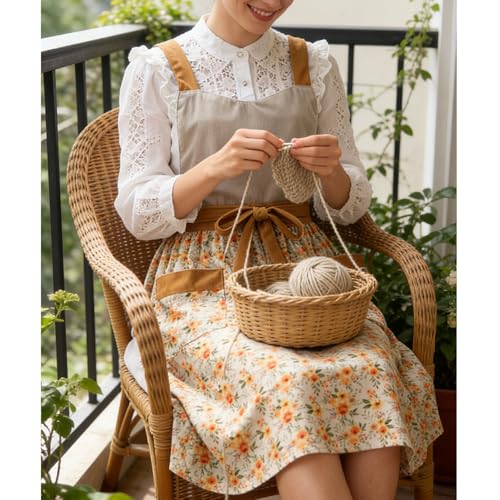 Pinafore Apron Dress for Women with Pockets Adjustable Floral Kitchen Apron - color: Beige