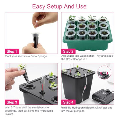 4 Hydroponic Buckets Kit for Plants, Hydroponics Growing System for Herbs/Tomato/Vegetables, DWC System with Air Pump & Germination Tray Black (Complete Indoor Hydroponic Gardening Supplies) - size: 4 Buckets Kit (Black)