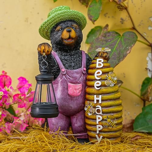 Joint Honglin Honey Bear Garden Statue with Lighted Beehive & Lantern - color: Honey Bear