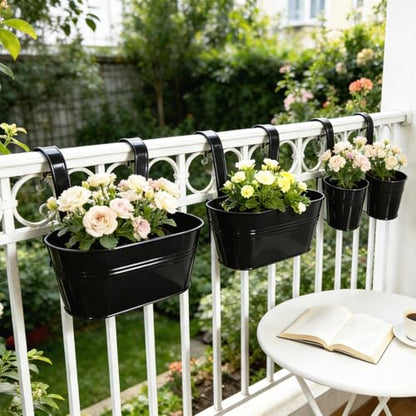 4 Pack Mixed Size Metal Railing Planters with Hanging Hooks, Black - color: Black, size: Oval 10"*2 + Round 4"*2