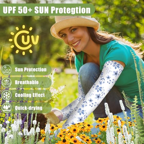 Gardening Sleeves for Women UV Sun Protection with Thumb Hole Anti-Scratch - color: Blue Floral