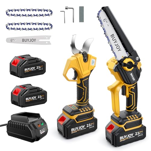 BUYJOY 2-in-1 Mini Chainsaw Cordless & Electric Pruning Shears, 8 Inch Battery Powered Chain Saw, 1.8" Branch Cutter Combo Kit with 2 x 4000mAh Batteries, for Tree Trimming Wood Cutting - color: Deep/Yellow