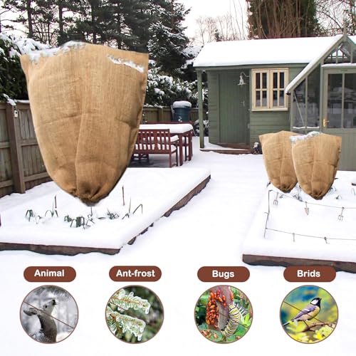 Winter Burlap Plant Cover Bag, Large Burlap Bags with Drawstring, Reusable Jute Sack,Frost Cloth Cold Freeze Protection Cover Bags Tree Freeze Blanket for Outdoor Plants, Shrubs, Bushes(32x47") - size: 32x47"