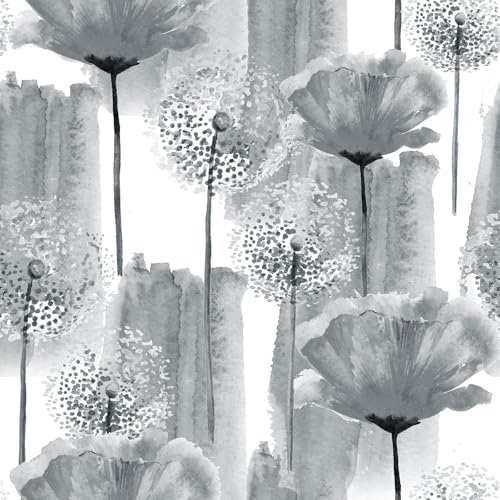 17.5"×160" Grey Peel and Stick Wallpaper Grey Dandelion Wallpaper for Bathroom Removable Botanical Wall Paper Mural Decorative Stick and Peel Contact Paper for Cabinets Drawers - color: Grey wallpaper, size: 17.5" x 160"