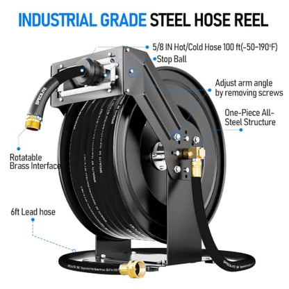 SPECILITE Retractable Garden Hose Reel with 5/8" 100ft Hot/Cold Pipe, Black - color: Black, size: 5/8'' 100 FT