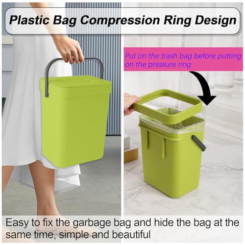 Compost Bin Kitchen, for use on Countertops or Under Sinks, Hanging Trash Can with Lid, for Cupboard/Bathroom/Bedroom/Office/Camping, Mountable Indoor Compost Bucket(Green 1.3 Gallon/5L)