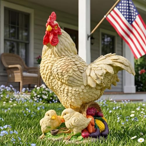 11.5" Rustic Home Accents Real Animal Statues, Outdoor Chicken Statues, Resin Chicken Figurines, Funny Farm Sculpture Yard Art, Garden Chicken Decor, Chicken Fence Decoration - color: White Chicken