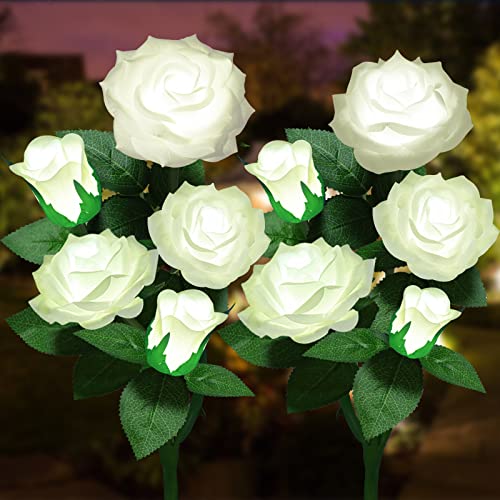 Solar Flower Lights Outdoor - Upgraded New Material Two Modes Realistic LED Solar Powered Waterproof Lights with 5 Roses, Solar Decorative Stake Lights for Garden (White, 2 Pack) - color: White, size: 2 Pack