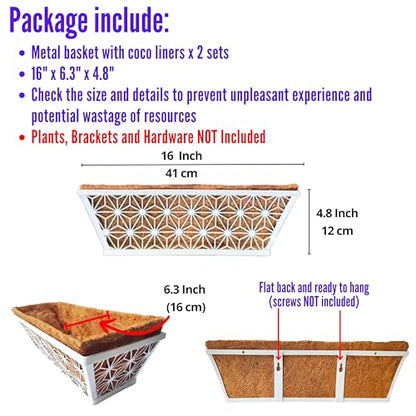 LaLaGreen Window Boxes Planter (2 Pack, 16 Inch) White Metal Rectangular Wall Planters with Coco Liner, Horse Trough Deck Railing for Outdoor Plants Holder, Modern Rail, Balcony, Fence, Porch Patio - size: 16" (41cm) x 2 pack