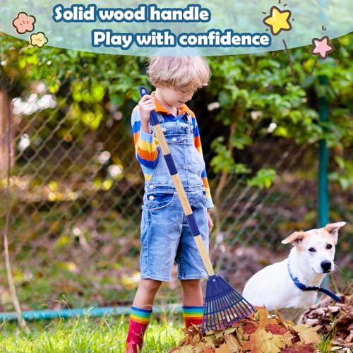 Kids Leaf Rake - 3-Section Adjustable Handle, Lightweight, Wood & Plastic, Small Garden Tool for Children (Blue) - color: Blue