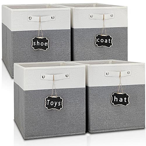 13x15x13 storage cube bins 4 Pack,Collapsible Fabric Storage Cubes with Labels,Linen Cube Storage Organizer Bins with Cotton Handles,Square Storage Cubes for Home,Office,Clothes,Cabinet(White Grey). - color: White & grey-4pack, size: 15''x13''x13''