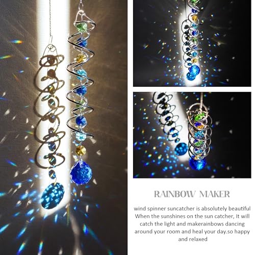 20.5in Sea Blue Crystal Gazing Ball Spiral Wind Spinner Suncatcher - color: Silver With Blue Ball Drop Prism