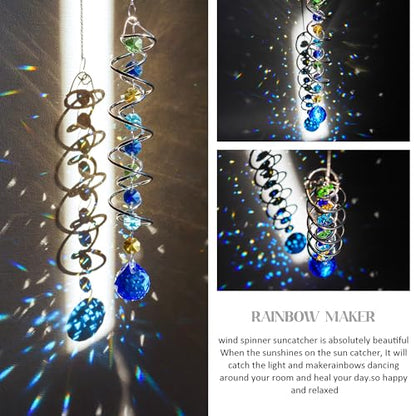 20.5in Sea Blue Crystal Gazing Ball Spiral Wind Spinner Suncatcher - color: Silver With Blue Ball Drop Prism