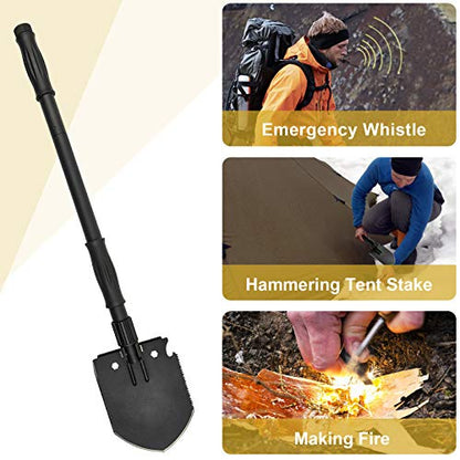 Survival Shovel, (28.3'') Camping Folding Shovel, Military Spade Multitool, Tactical Trench Tool, with Pickaxe, Compass, Whistle, Molle Bag for Digging, Metal-Detecting, Off Roading, Emergency - size: 28.3''