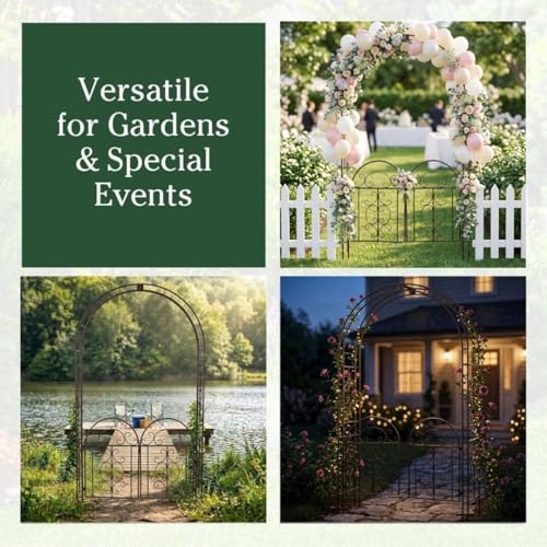 Plow & Hearth Arch Metal Outdoor Garden Arbor Double Gate | Montebello | 7 Feet Tall | Gunmetal Black | Steel Iron Trellis Lattice Climbing Plants & Heavy Vines - color: Gunmetal Montebello with Gate