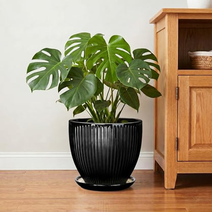10 Inch Planter, Ceramic Plant Pots with Saucer, Black - color: Black, size: 10 Inch
