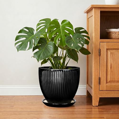 10 Inch Planter, Ceramic Plant Pots with Saucer, Black - color: Black, size: 10 Inch
