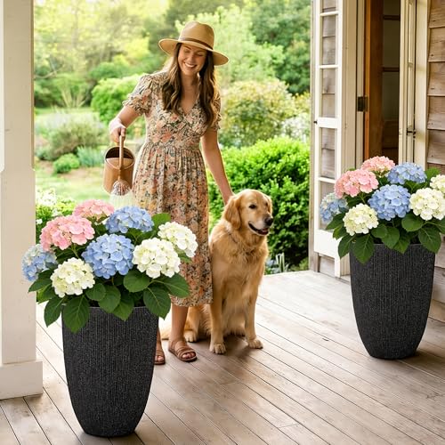 19" Black Concrete-Look Resin Tall Planters with Fluted Texture - color: 19"h-mediterranean Black