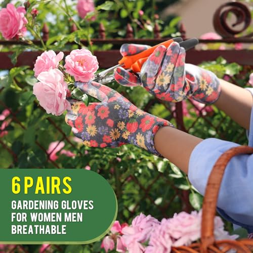 6 Pairs Gardening Gloves for Women - Breathable Rubber Coated Garden Gloves, Multi-purposes Gardening Gloves - color: Pink / Blue / Cyan / Red / Blue / Purple