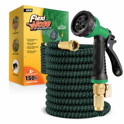 Flexi Hose with 8 Function Nozzle, 150FT - Lightweight Expandable Garden Hose, No-Kink Flexibility, 3/4 Inch Solid Brass Fittings and Double Latex Core - Black and Green - size: 150ft