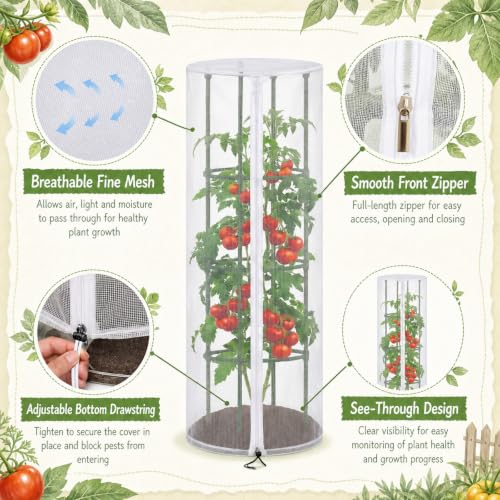 6 Pcs Garden Bird Netting Cover with Zipper for Round Tomato Cage 59" x 18"