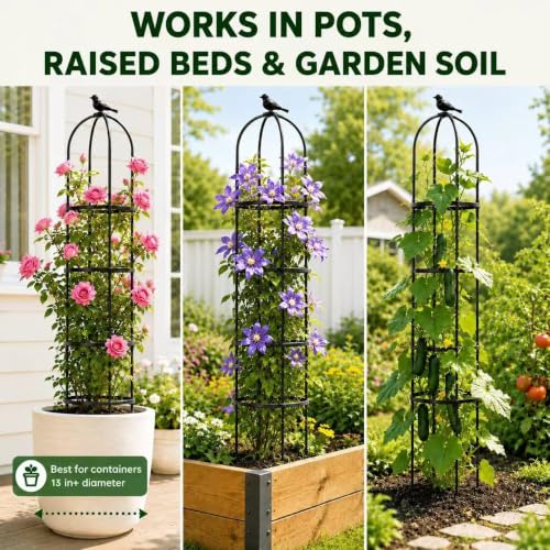 OTOSUNNY Garden Obelisk Trellis for Climbing Plants Outdoor, 6.3 ft Tall Trellis for Roses Clematis Jasmine Ivy Flower Light Climbing Vines Potted Plant Support, Patio, Yard, Black, 2PCS - size: 1 pack 75.6 in