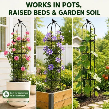 OTOSUNNY Garden Obelisk Trellis for Climbing Plants Outdoor, 6.3 ft Tall Trellis for Roses Clematis Jasmine Ivy Flower Light Climbing Vines Potted Plant Support, Patio, Yard, Black, 2PCS - size: 1 pack 75.6 in