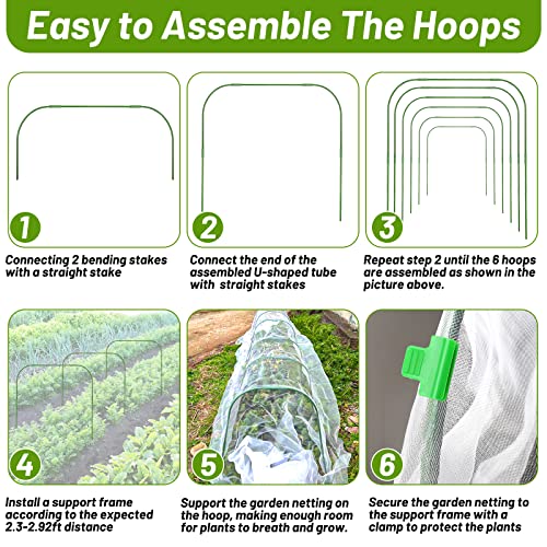 67pcs Garden Mesh Netting Kit, 6 Sets Wide Garden Hoops with Garden Covers - color: White+green