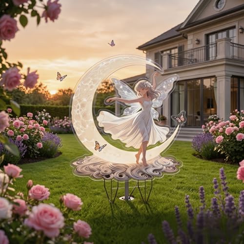 2D Flat Moon Fairy Garden Stake, Waterproof Whimsical Fairy Outdoor Yard Sign, Weatherproof Stake for Lawn Patio Flower Bed, Spring Summer Garden Yard Art Decor Gift for Fairy Garden Lovers - color: Moon Fairy