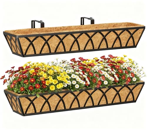 Y&M 2 Pack Hanging Railing Planter Boxes, 30 Inch Adjustable Balcony & Deck Planter, Heavy Duty Metal Flower Box for Porch, Fence & Window, Outdoor Plant Holder - size: X shape 30in 2P