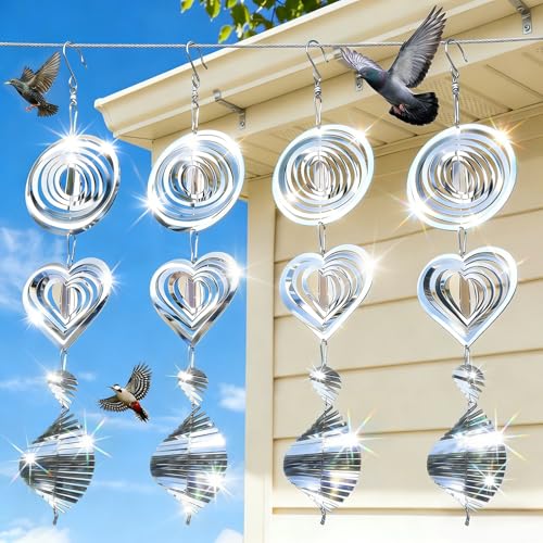 2026 Upgraded Bird Deterrents for Outside, 12 Pack 3D Stainless Steel Wind Spinners Outdoor Decor, Reflectors Bird Scare Devices to Keep Woodpeckers, Pigeons Away from Your Garden, House, Patio - color: Silver