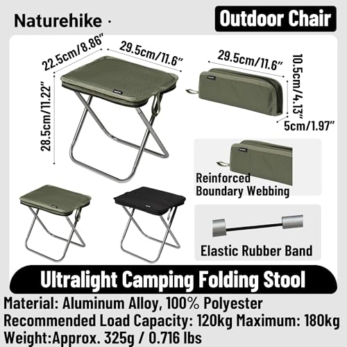 Naturehike 11in Ultralight Camping Collapsible Stool, Supports 390lbs - color: Green