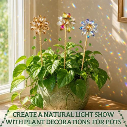 3 Pcs Crystal Sunflower Suncatchers Light Catcher 13'' Metal Stake Handmade