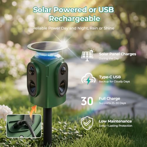 Solar Animal Repeller Outdoor, Squirrel Repellent & Cat Repellent Outdoor, Deer Repellent Devices, Coyote Deterrent Raccoon Repellent, Motion Activated Cat Deterrent 5 Modes IP65 Waterproof