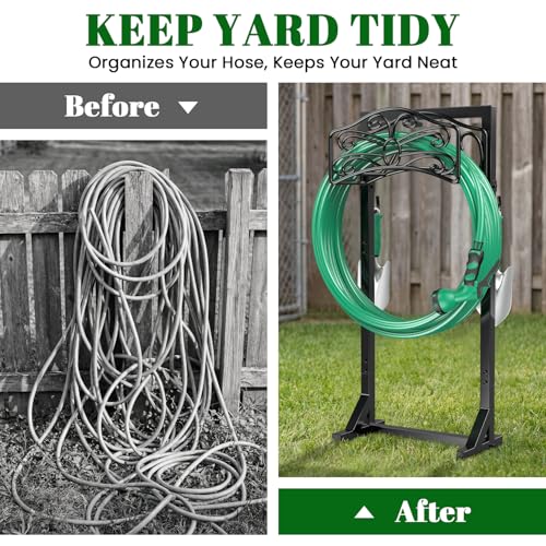 Sunvigor Freestanding Garden Hose Holder Stand, Heavy Duty Hose Reel Alternative with 2 Tool Hooks, Holds 150FT Water Hose, 4-Spike Stable Base, No-Drill Hose Storage for Outside Yard Lawn Garden - color: Black-butterfly Style With Hooks