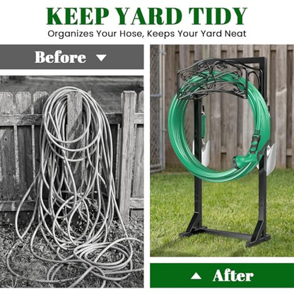 Sunvigor Freestanding Garden Hose Holder Stand, Heavy Duty Hose Reel Alternative with 2 Tool Hooks, Holds 150FT Water Hose, 4-Spike Stable Base, No-Drill Hose Storage for Outside Yard Lawn Garden - color: Black-butterfly Style With Hooks