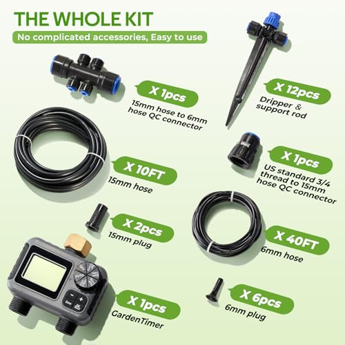 HIRALIY 50FT Drip Irrigation Kit with Garden Water Timer 2 Zone
