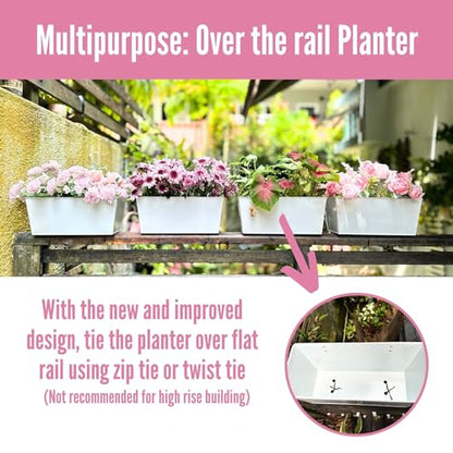 LaLaGreen Hanging Planter Box (14 in, 6 Pack) White Metal Deck Rail Pots - size: 14"(36cm) x 6 pack
