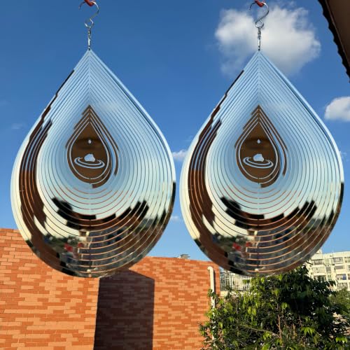 Hanging Wind Spinners,3D Water Droplets Shape Highly Reflective Stainless Steel Outdoor Garden Decor, Decorations to Scare Away Yard Birds 11.4inch 2Pcs - color: Silver-water Droplets 11.4inch 2pcs