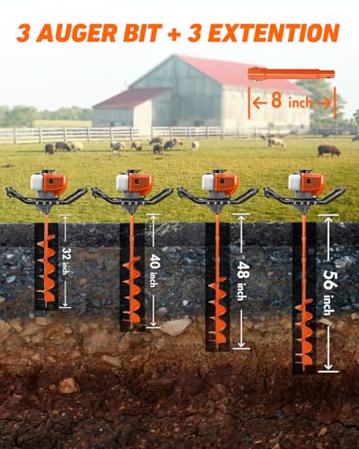 NEO-TEC 63CC Post Hole Digger Gas Powered Auger w/4" 6" & 8" Bit,3 Ext Bars - size: 63CC+4"+ 6"+8"+3 Extension