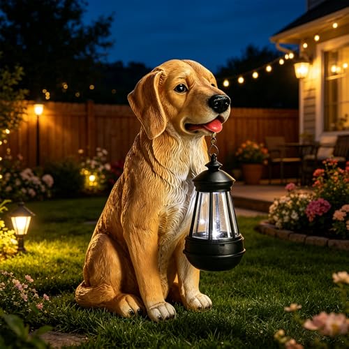 Solar Dog Statue Garden Decor, Golden Retriever Dog Statues Solar Lights - color: Yellow