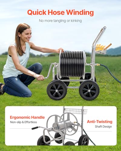 VEVOR Hose Reel Cart, Hold Up to 250 ft of 5/8’’ Hose, Garden Water Hose Carts Mobile Tools with 4 Wheels, Heavy Duty Powder-Coated Steel Outdoor Planting with Storage Basket, for Garden, Yard, Lawn - size: 250 ft