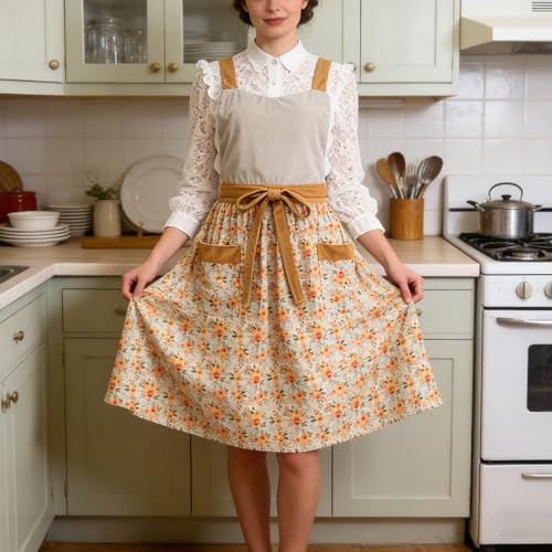 Pinafore Apron Dress for Women with Pockets Adjustable Floral Kitchen Apron - color: Beige