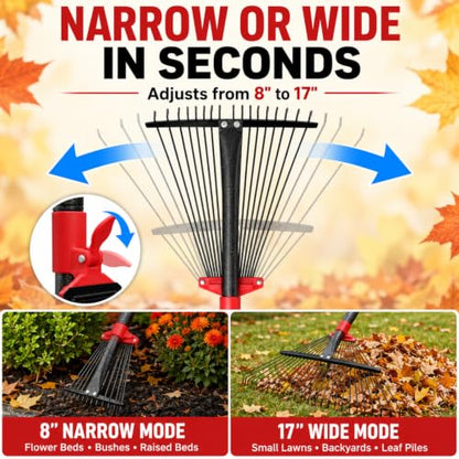 Adjustable Leaf Rake, 8"-17" Expandable Metal Garden Rake with 58" Adjustable Handle, Lightweight Collapsible Yard Rake for Leaves, Pine Needles, Flower Beds, Shrubs and Small Lawns - style: 58inch