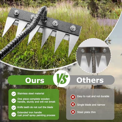 Gardenia Iron Weeding Rake with Long Wooden Handle, No Frequent Tightening