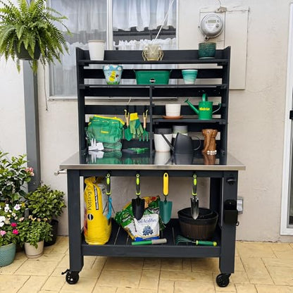 GDLF Large Potting Bench Table, Outdoor Kitchen Island with Stainless Top